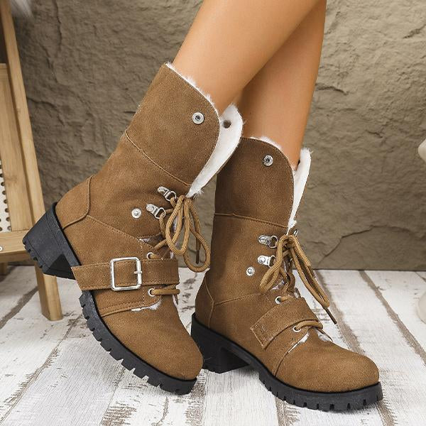 Women's Casual Plush Lace-Up Block Heel Snow Boots 94761948S