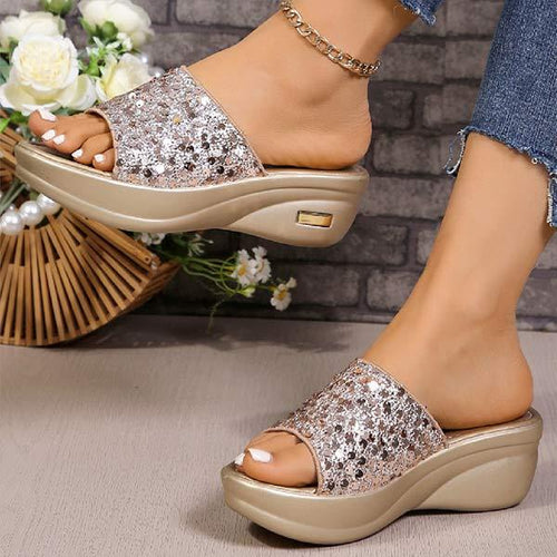 Women's Sequined Thick-Soled Wedge Slippers 67252618C