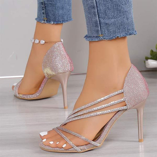 Women's Rhinestone High Heel Sandals with Slim Heel 09098711C