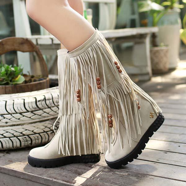 Women's Beaded Fringe Wedge Knee-High Boots 91869043C