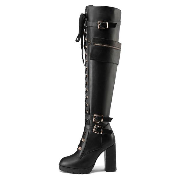 Women's Fashion Buckle Lace-Up Over-The-Knee Boots 72627014S