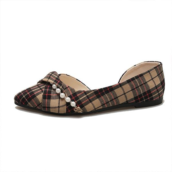 Women's Casual Plaid Pearl Pointed Toe Slip-On Flats 38569047S