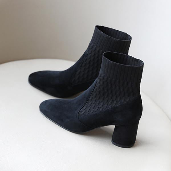 Women's Square Toe Chunky Heel Knitted Sock Boots 10311565S