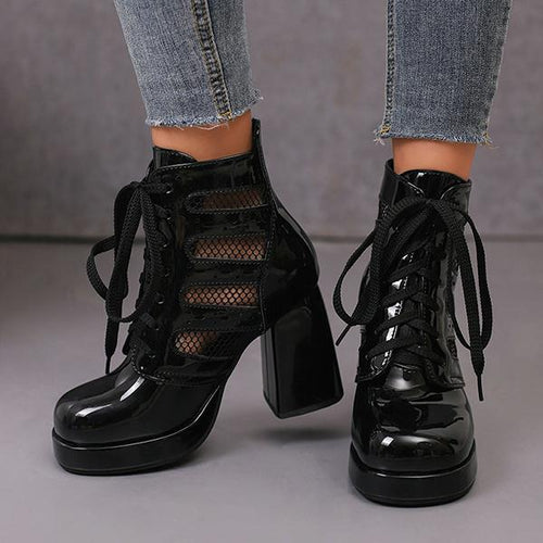 Women's Breathable Mesh Lace-up Chunk Heel Ankle Boots 52292734S