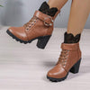 Women's Lace-Up Belt Buckle Block Heel Ankle Boots 02233782C