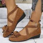 Women's Suede Bow Cross Elastic Strap Wedge Shoes 11792269C
