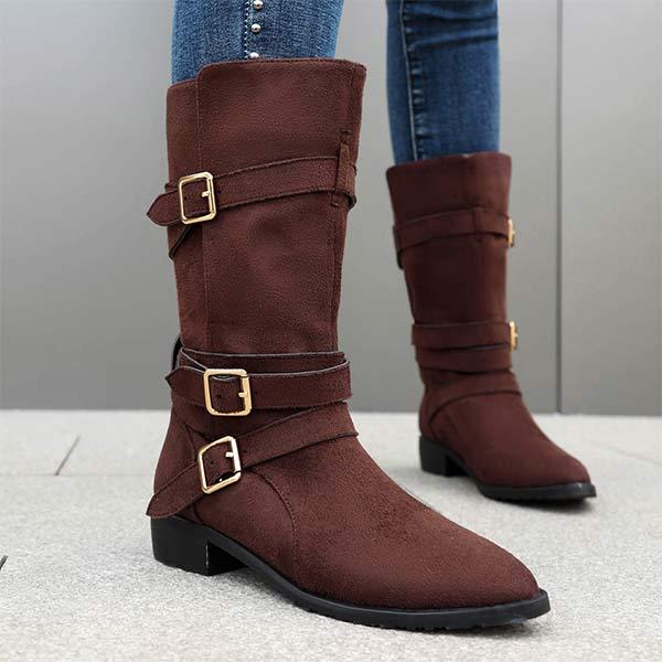 Women's Low Heel Buckle Strap Suede Mid-Calf Boots 94772247C