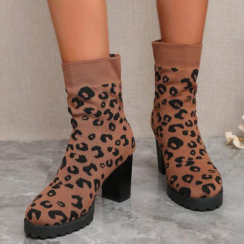 Women's High-Heeled Chunky Heel Leopard Print Short Fashion Boots 27096933C