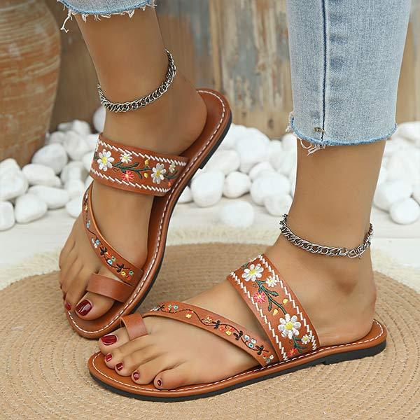 Women's Floral Embroidered Toe Ring Flat Sandals 75753937C