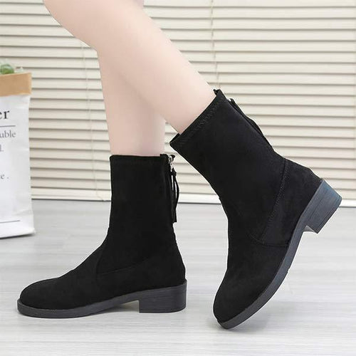 Women's Suede Round-Toe Mid-Heel Short Boots with Back Zipper 20346508C