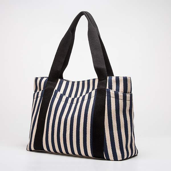 Large-Capacity Color-Block Striped Canvas Bag 49209417C