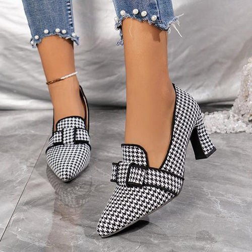 Women's Retro Plaid Casual Thick Heel Pointed Shoes 12997860S