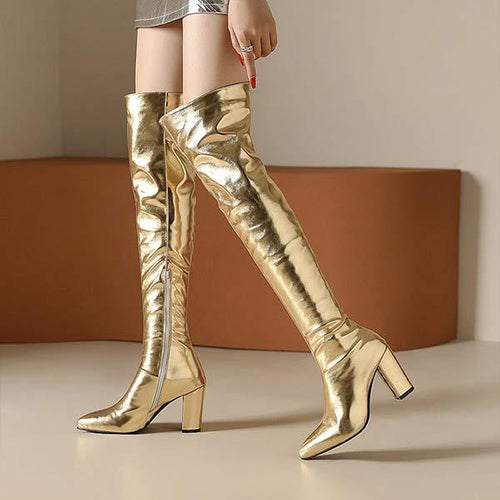 Women's Gold and Silver Block-Heel Over-the-Knee Combat Boots 36666311C