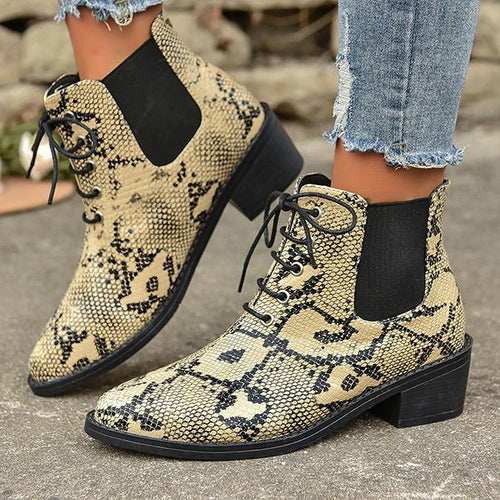 Women's Fashionable Snake Print Chunk Heel Lace-Up Boots 67706336S