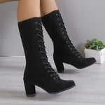 Women's Lace-Up Suede Block Heel Knee-High Boots 77293264C