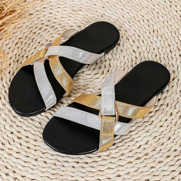 Women's Crossover Wide Strip Gold and Silver Flat Slippers 21776952S