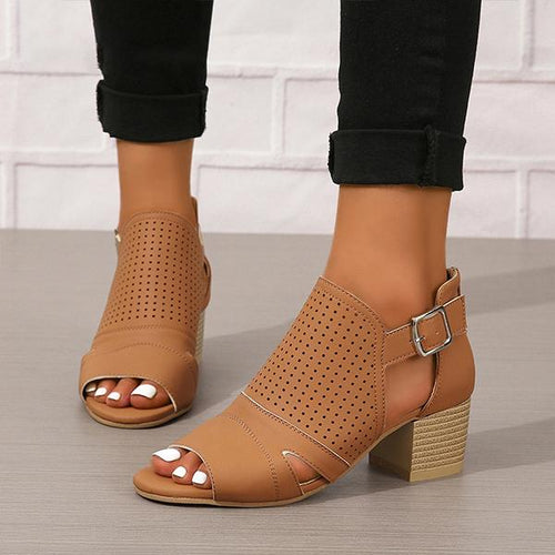 Women's Fashionable Hollow Buckle Thick Heel Fish Mouth Sandals 38913758S