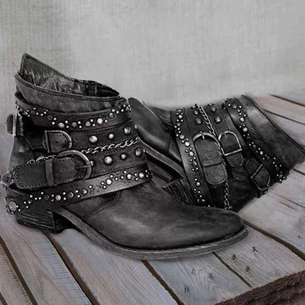 Women's Retro Belt Chain Decorated Chunky Heel Ankle Boots 96929472S