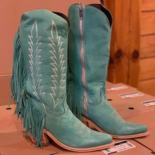 Women's Chunky Heel Side Zipper Tassel Cowboy Boots 85245484C