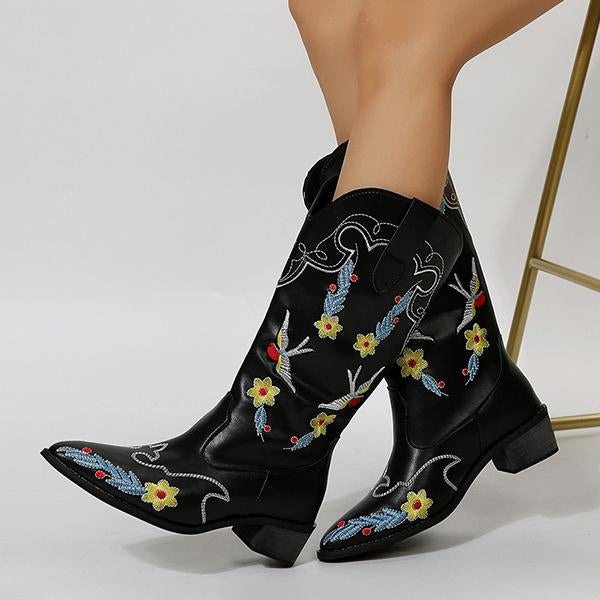 Women's Fashion Embroidered Chunky Heel Mid-calf Boots 08010244S