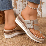 Women's Belt Buckle Thong Toe Wedge Sandals 71601617C