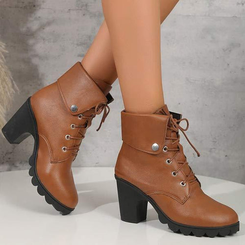 Women's Round-Toe High Heel Lace-Up Chunky Ankle Boots 35079711C