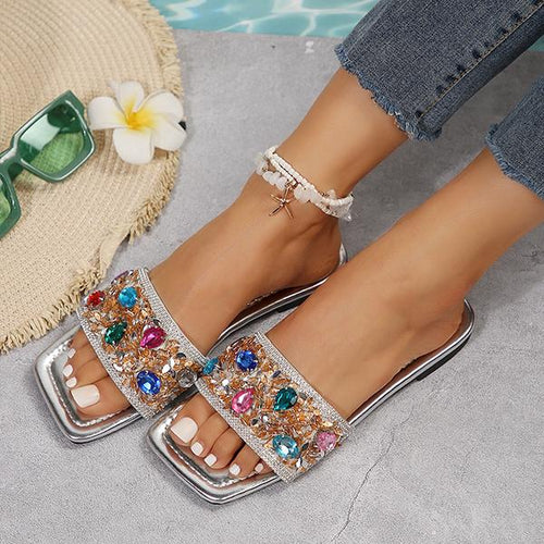 Women's Stylish Rhinestone Flat Beach Slippers 72018023S