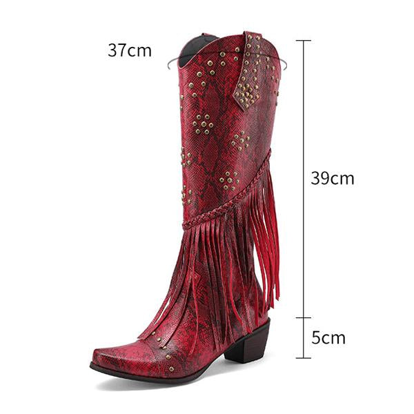Women's Fashion Retro Rivet Chunky Heel Tassel Boots 34590647S
