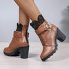 Women's Lace-Up Belt Buckle Block Heel Ankle Boots 02233782C