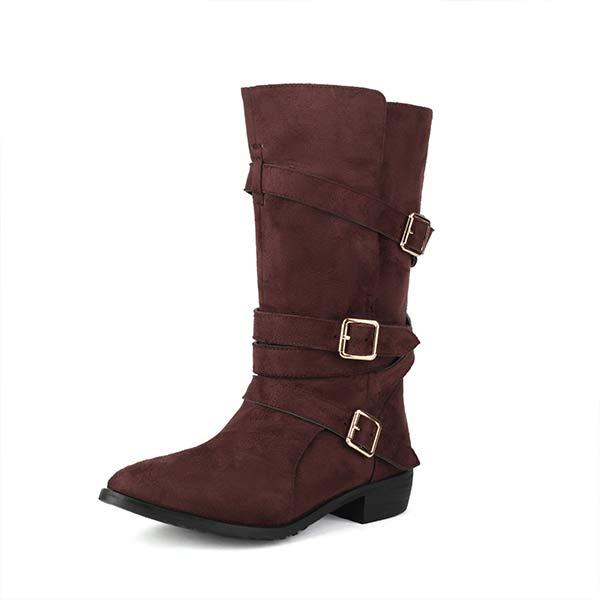 Women's Low Heel Buckle Strap Suede Mid-Calf Boots 94772247C