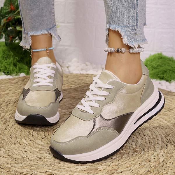 Women's Round Toe Flat Lace Up Contrast Color Sneakers 48714342C