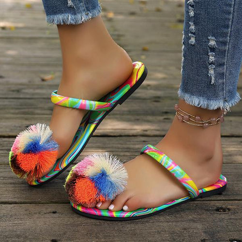 Women's Colorful Thread Ball Fashion Flat Slippers 05533905S