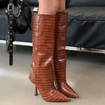 Women's Pointed Toe Stiletto Heel Croc-Embossed Wide-Calf Tall Boots 29578060C