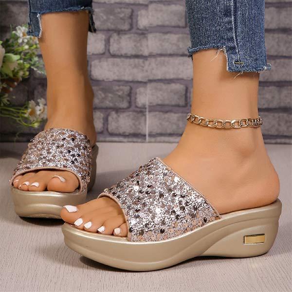 Women's Sequined Thick-Soled Wedge Slippers 67252618C