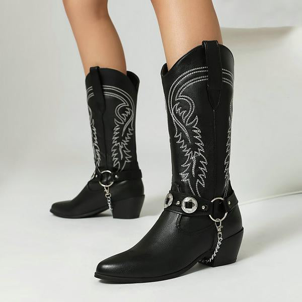 Women's Vintage Metal Buckle Knee-High Cowboy Boots 76440161S