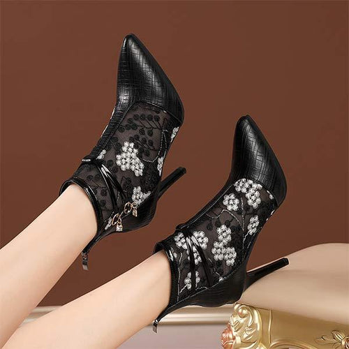 Women's High Heel Stiletto Pointed Toe Lace Mesh Ankle Boots 71319580C