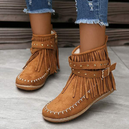 Women's Rivet Belt Buckle Tassel Suede Ankle Boots 20677307C