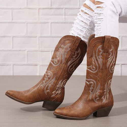 Women's Embroidered Chunky Heel Mid-Calf Boots 93259013C