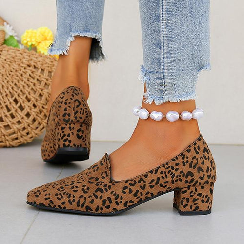 Women's Retro Suede Leopard Print Block Heel Pumps 98940929S