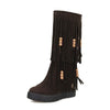 Women's Beaded Fringe Wedge Knee-High Boots 91869043C