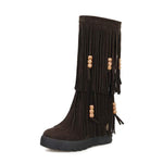 Women's Beaded Fringe Wedge Knee-High Boots 91869043C