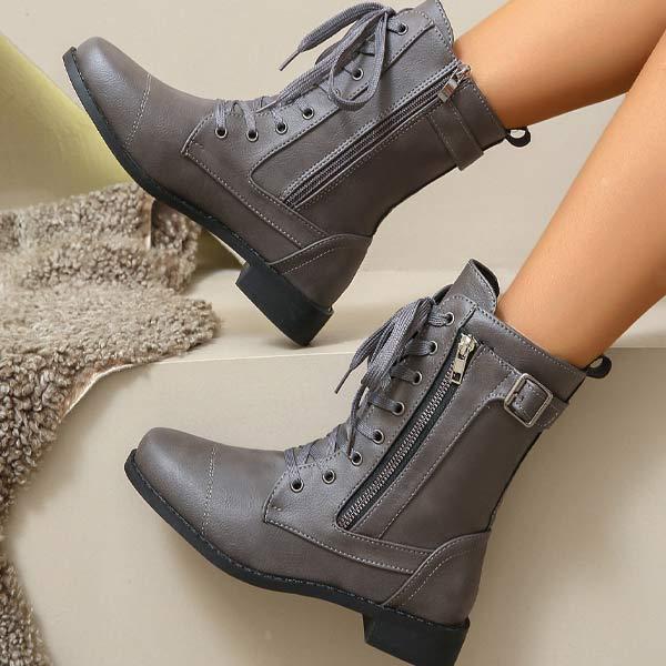 Women's Chunky Heel Lace-Up Side Zipper Martin Boots 06698581C