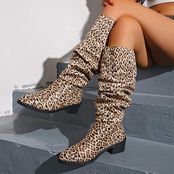 Women's Leopard Print Pointed Toe Pleated Boots 67996002C