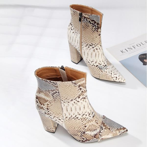 Women's Fashionable Snakeskin Pattern Block Heel Short Boots 99516799S