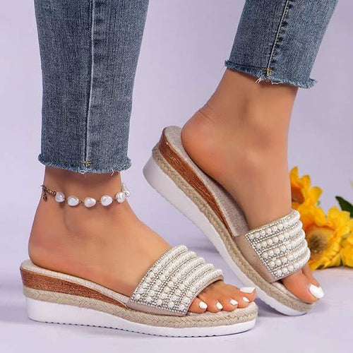 Women's Platform Slides with Pearl and Rhinestone Embellishments 23634026C