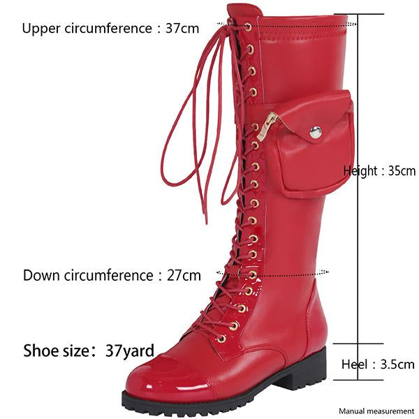 Women's Fashion Lace-Up Knee-High Boots with Side Decorative Bags 32036971S