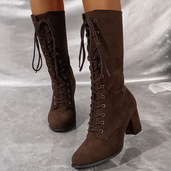 Women's Lace-Up Suede Block Heel Knee-High Boots 77293264C