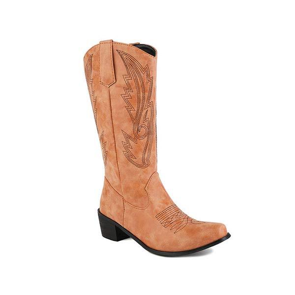 Women's Toe Chunky Mid Heel Embroidered Western Cowboy Boots 53160568C