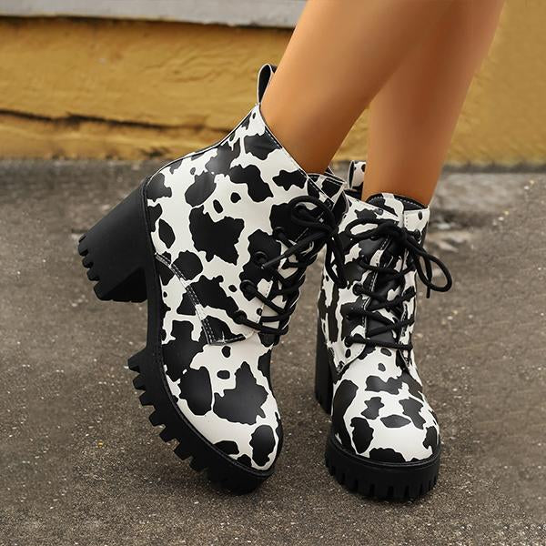 Women's Fashionable Cow Pattern Lace-Up Ankle Boots 87219400S