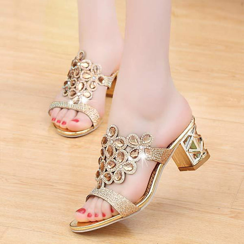 Women's Chunky Heel Rhinestone Hollow Out High Heel Sandals 18431189C